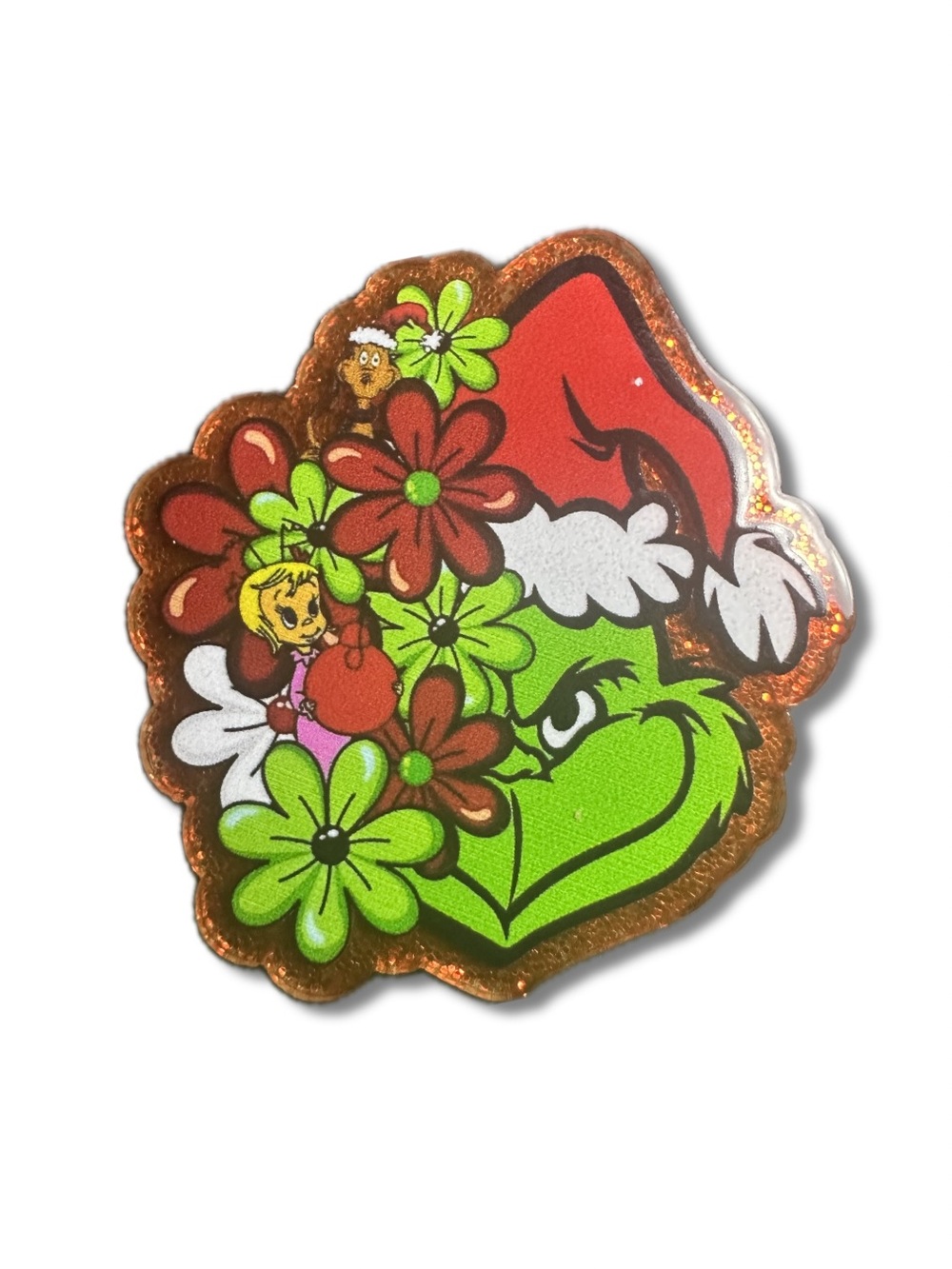 Festive Green Grinch Floral Magnet — with Red Santa Hat